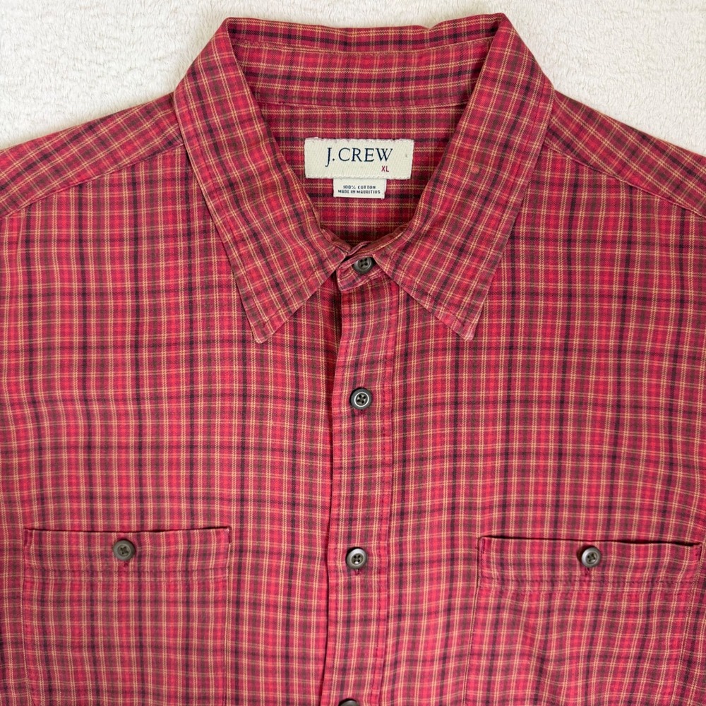 J. Crew Button Down Shirt Mens XL Red Plaid Long Sleeve Cotton Pockets